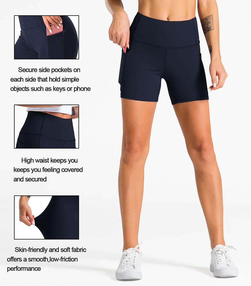 Women'S Biker Shorts with Pockets High Waisted Running Shorts | Sweat-Wicking, Quick-Drying, 4-Way Soft Stretch Fabric, Tummy Control, 2 Side Deep Pockets, Spandex Short, Workout, Pilates